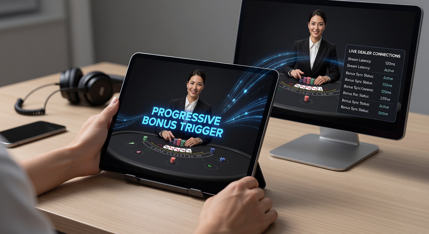 Darstellung einer mobilen Gaming-Oberfläche mit Live-Dealer-Integration und progressivem Bonus-Trigger