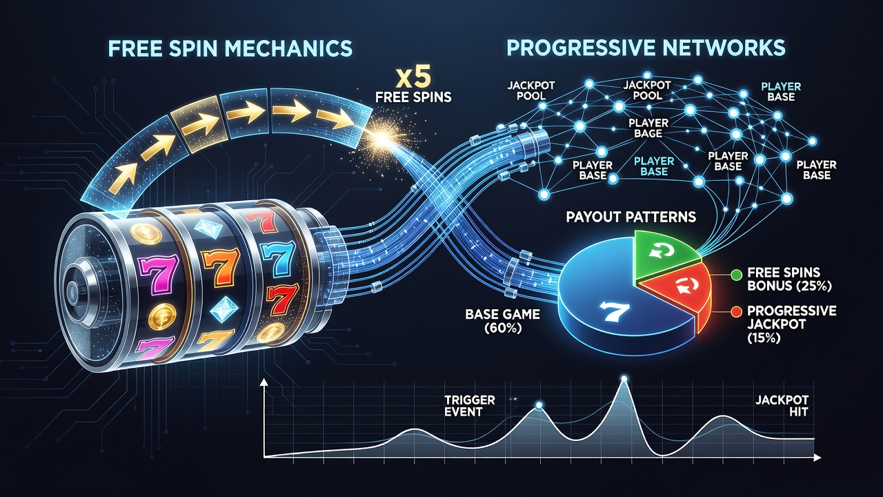 Darstellung der Interaktion zwischen Free-Spin-Mechaniken und progressiven Netzwerken in Online-Casinos mit Symbolen für Slots und Jackpots