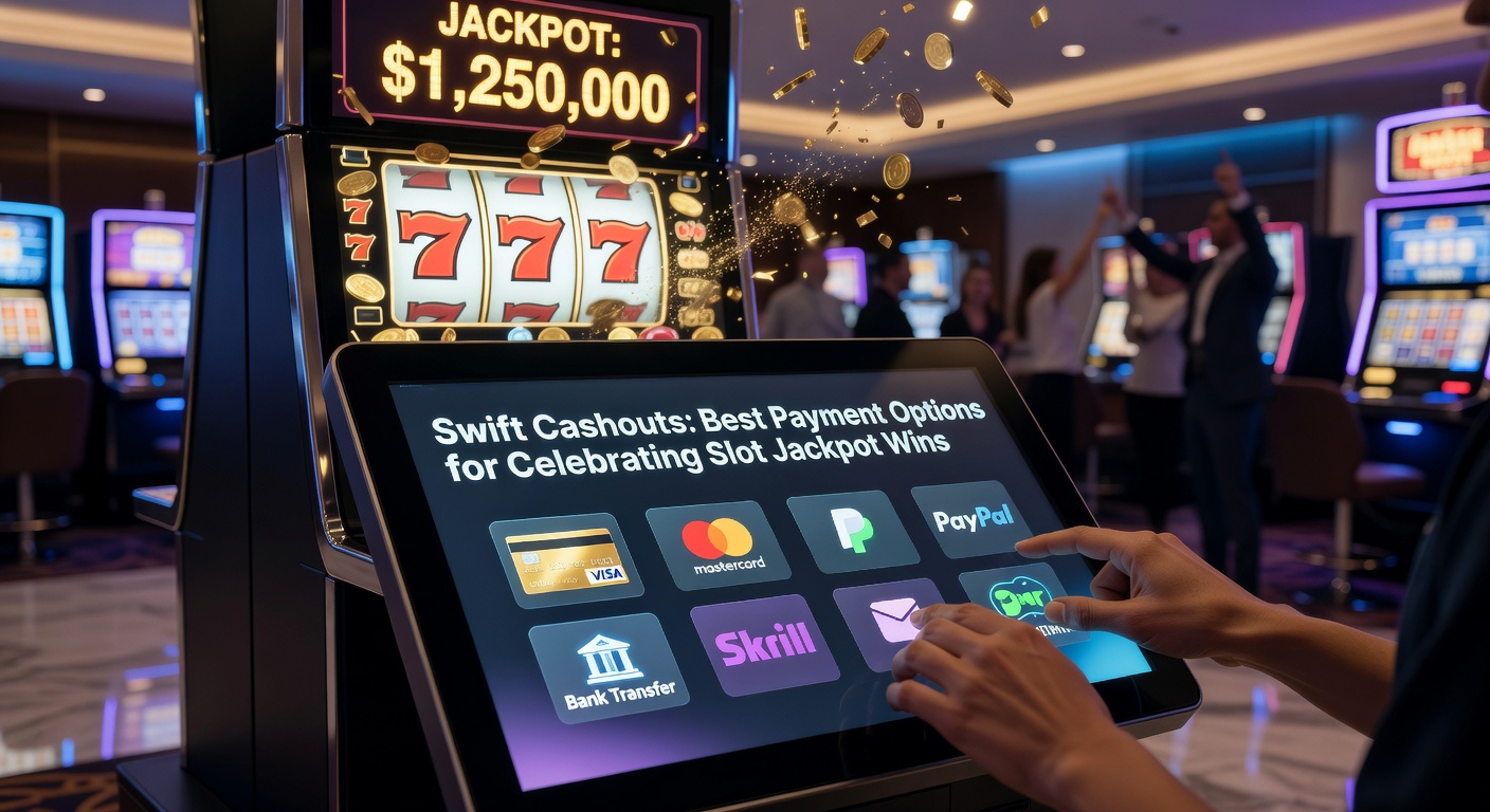 Feiernde Spieler mit Slot-Jackpot-Gewinn und Auszahlungsoptionen auf dem Bildschirm